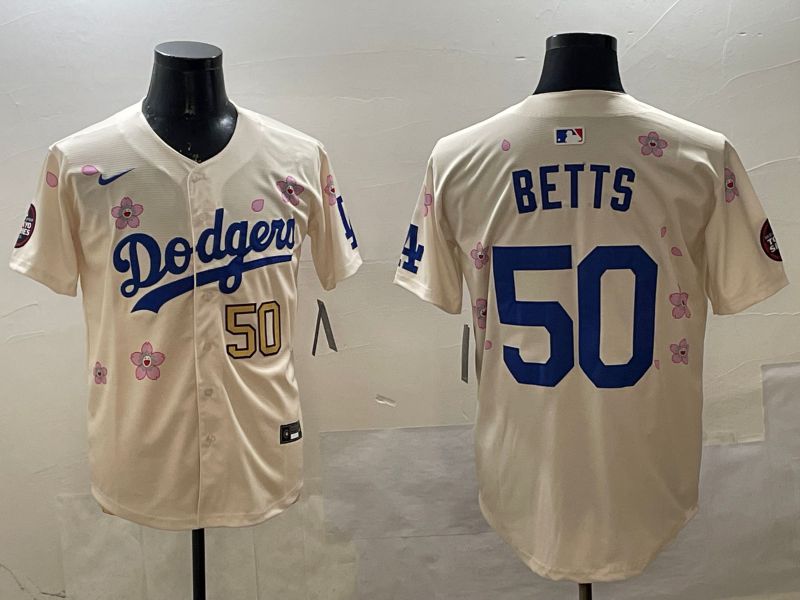 Men Los Angeles Dodgers 50 Betts Cream Sakura Edition 2025 Nike MLB Jersey style 2